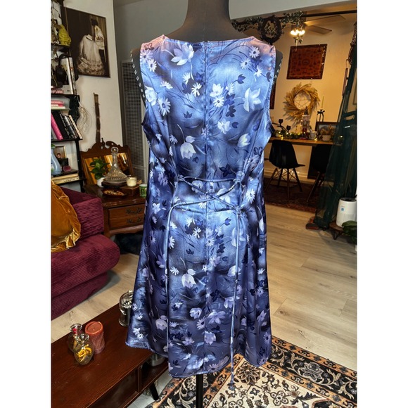 Lisa Jo Floral Print Blue Satin Lace Up Back Dress Women's Y2K 90's - Picture 4 of 8